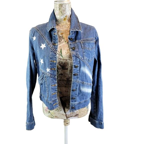 Angfu Blue Embroidered Star Denim Jean Jacket - Picture 4 of 12